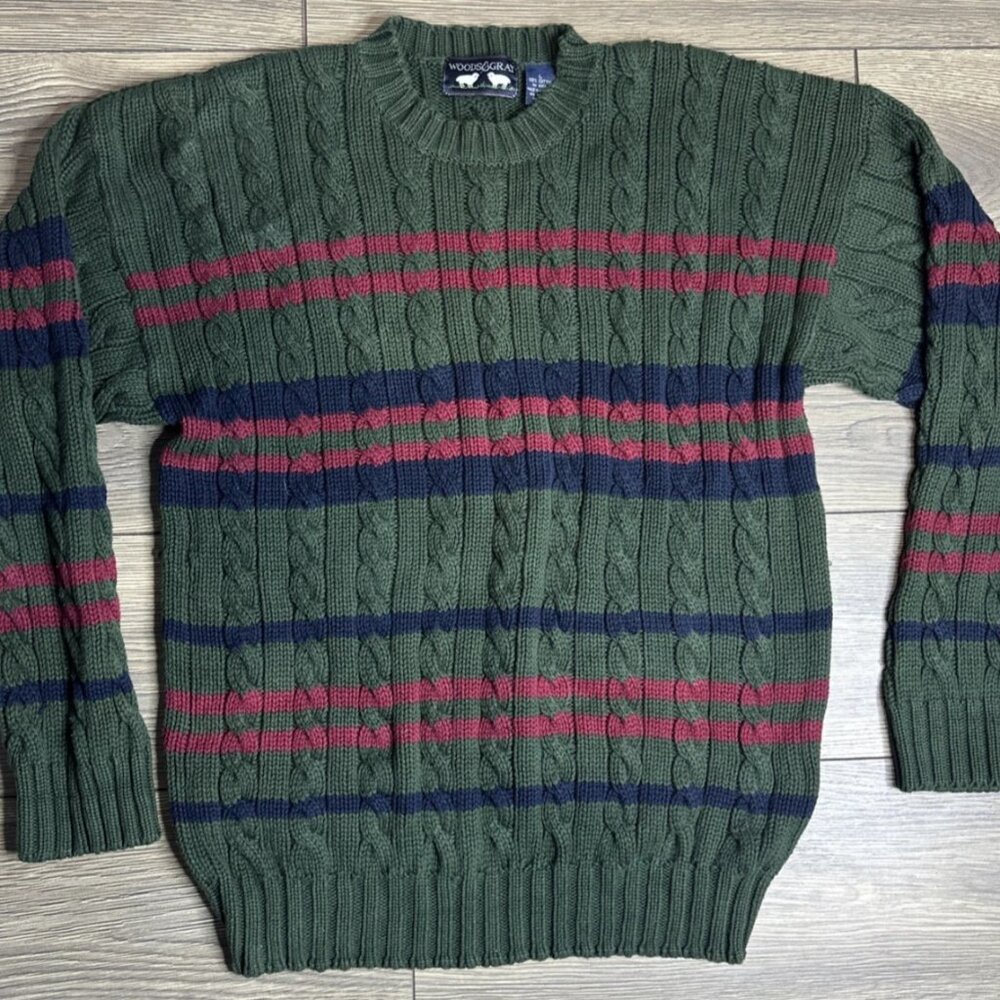 Woods & Gray Plaid Crew Neck Sweater Heavy Knit Christmas L Green, Red and Blue